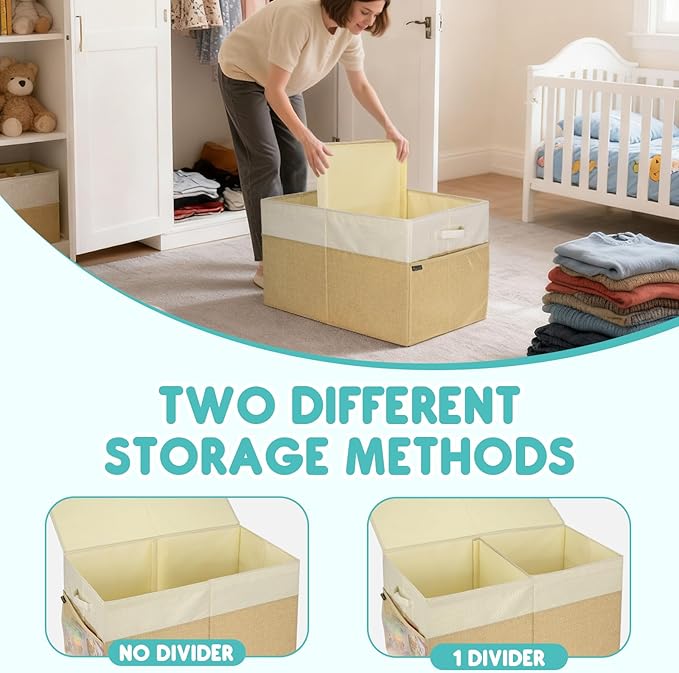 BALEINE Fabric Storage Bins with Lid, Collapsible Extra Large Storage Boxes Bins Baskets with Divider for Home Organizing (25"x13"x16", Khaki)