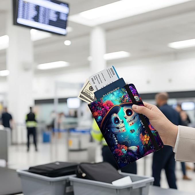 Passport Holder Wallet Cover Case,RFID Blocking Passport Cover,Large Capacity Travel Wallet with Multi Card Slots (Sugar Skull)