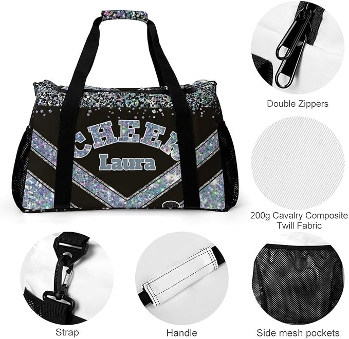 Personalized Cheer Bag Gifts for Girls Sport Cheerleading Gym Travel Duffel Bag Overnight Weekender Bags with Name (Light Blue Gray)