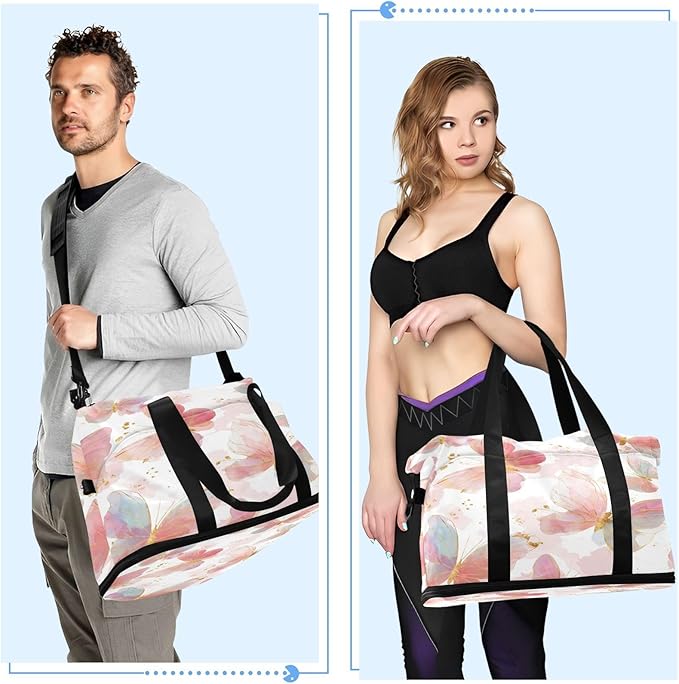 Travel Duffel Bags for Women Pink Butterfly Sports Duffel Bags Gym Bags with Shoes Compartment Tote Bag Weekender Bag for Travelling