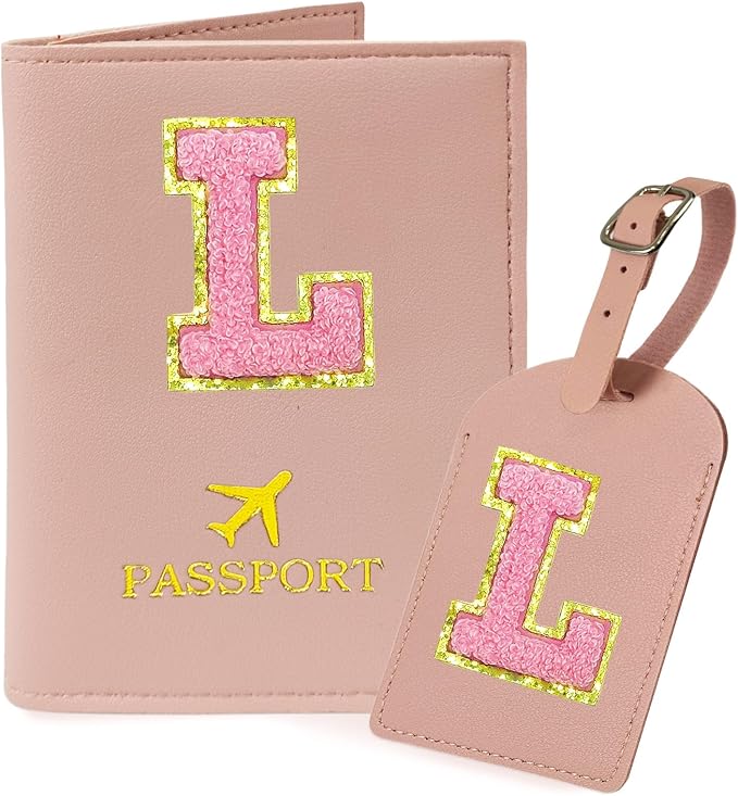 COSHAYSOO Initial Passport Cover Luggage Tag Set Letter Passport Holder Airplane Cruise Travel Essentials Vacation Traveling Accessories Personalized Gifts for Women Teen College Girls Pink L