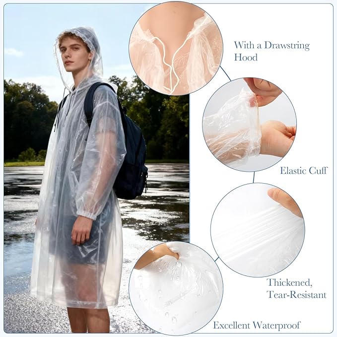 Disposable Rain Ponchos for Adults, 5Pcs Card-Sized Emergency Ponchos with Hood Clear Ponchos Family Pack for Travel, Waterproof PE Raincoats with 10Pcs Shoe Toe Sticker for Women, Men, Kids