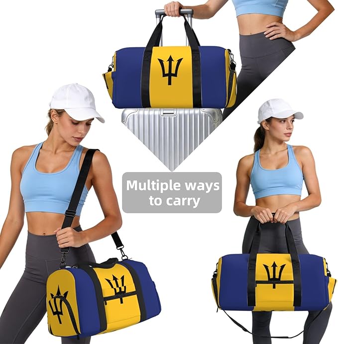 Flag of Barbados Print Gym Bag with Shoe Compartment for Women Men, 17.7in Sports Duffle Weekender Tote, Overnight Travel Duffel Bag Carry On