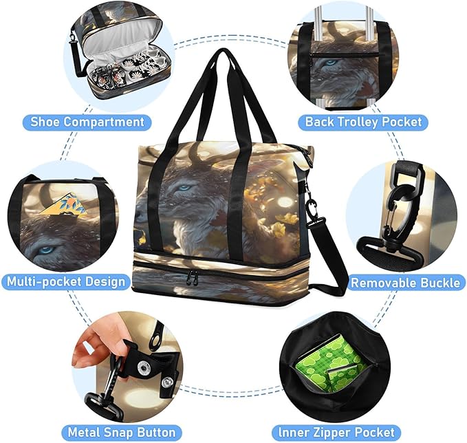 Travel Duffel Bags for Women Golden Autumn Deer Print Sports Duffel Bags Gym Bags with Shoes Compartment Tote Bag Weekender Bag for Travelling