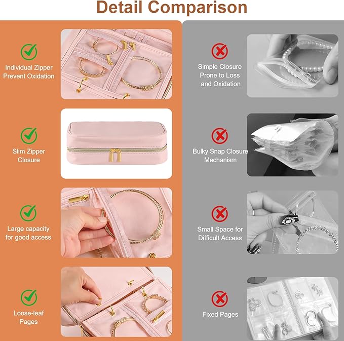 Travel Jewelry Case Organizer for Women, Jewelry Storage Book with Small Pouch, Travel Jewelry Bag Case for Traveling Necklace, Earrings, Rings, Bracelet Organizer (Pink)