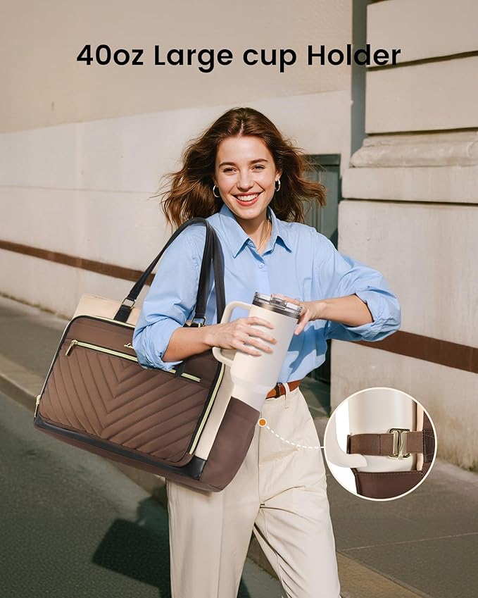 LOVEVOOK 17 Inch Laptop Tote Bag for Women, Nurse Work Bag with Large Cup Holder, Quilted Diaper Bag for Travel, Computer Women's handbags for Teacher gift, Coffee-apricot-black