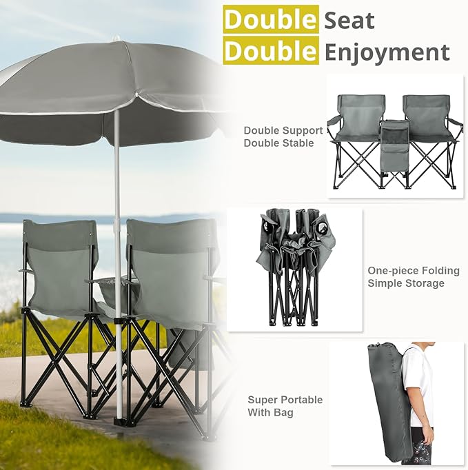 Double Folding Camping Chair W/Umbrella Fold Up Table Beverage Holder Carrying Bag Cooler for Patio Pool Park Outdoor Beach, Picnic, Portable (Grey)