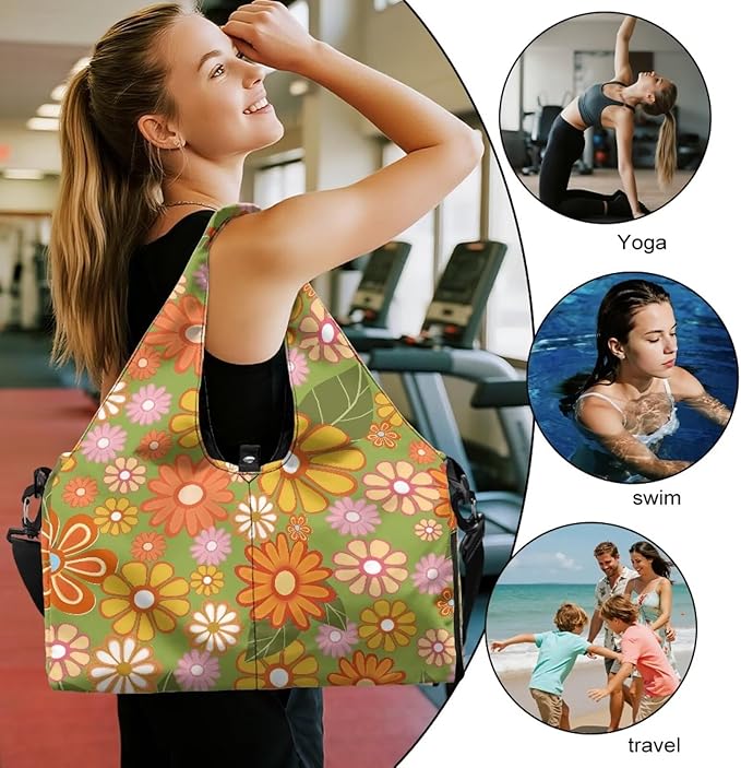 Floral Womens Gym Bag with Yoga Mat Holder and Shoe Compartment, Waterproof Portable Green Sport Tote Bag for Women with Spacious Wet Pockets Gym Bag for Daily Use