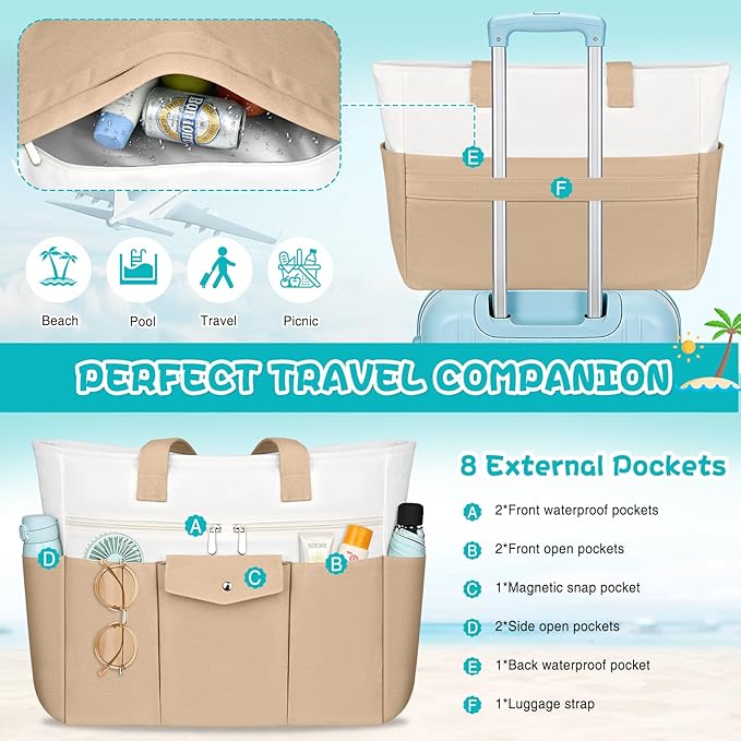Beach Bags for Women Large Canvas Beach Tote with Zipper Wet Pocket, Waterproof Foldable Swim Pool Travel Tote Bags