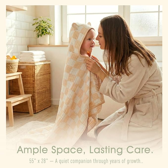 Ultra-Soft Muslin Toddler Hooded Towel - 55 x 28 Inches, Ideal for Bath & Beach, Suitable for Both Boys & Girls from Newborns to Toddlers (Beige Checkered)