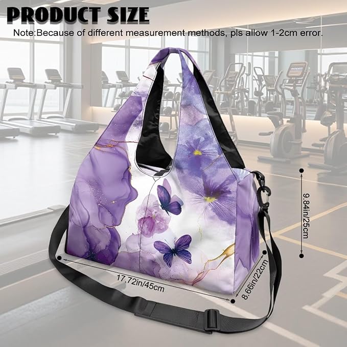 Purple Butterfly Marble Gym Bag for Women with Shoe Compartment Mini Duffel Bag Personal Item Bags for Travel Sports Swim Weekender Overnight Bags Easy to Carry