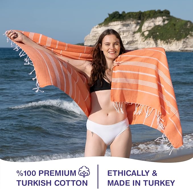Turkish Beach Towels, Pack of 6 | Oversized, Quick Dry, Sand Free | 100% Cotton, Large 38x71 Towels for Beach, Pool, Travel | Ultra-Soft, Compact, and Absorbent | Orange