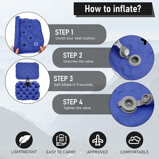 Inflatable Seat Cushion, Lightweight Stadium Seat Pad, Travel Air seat Cushion Anti-Slip for Airplane, Hiking, Climbing, Home and Camping,Navy Blue