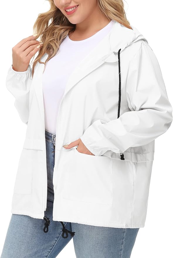 Avoogue Plus Size Raincoat Women Waterproof Rain Jacket Packable Outdoor Hooded Windbreaker