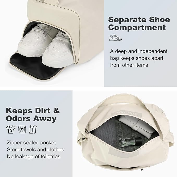 Women's Mini Gym Bag Crossbody, Everyday Sling Duffel with Shoe Compartment & Wet Pocket, Water-Resistant Travel Bag, Cream