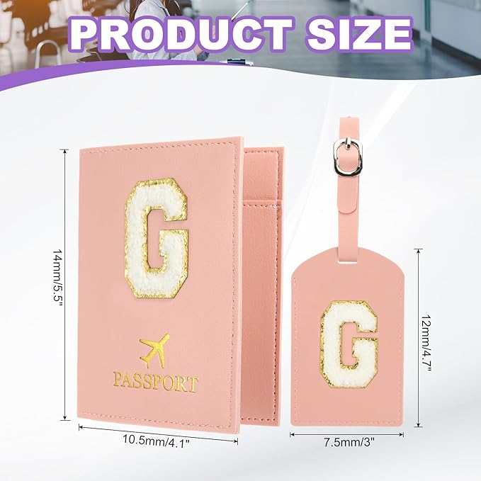 PATIKIL Passport Holder for Travel, Initial Passport Cover and Luggage Tag Set with Alphabet Chenille Letter Patch Travel Wallet Bag Suitcase Identifier for Women Family Travel Pink G