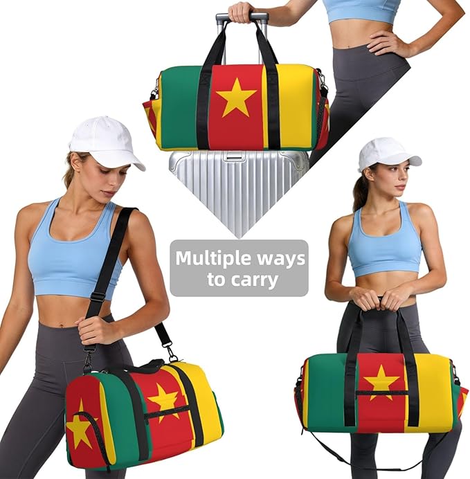 Flag of Cameroon Print Gym Bag with Shoe Compartment for Women Men, 17.7in Sports Duffle Weekender Tote, Overnight Travel Duffel Bag Carry On