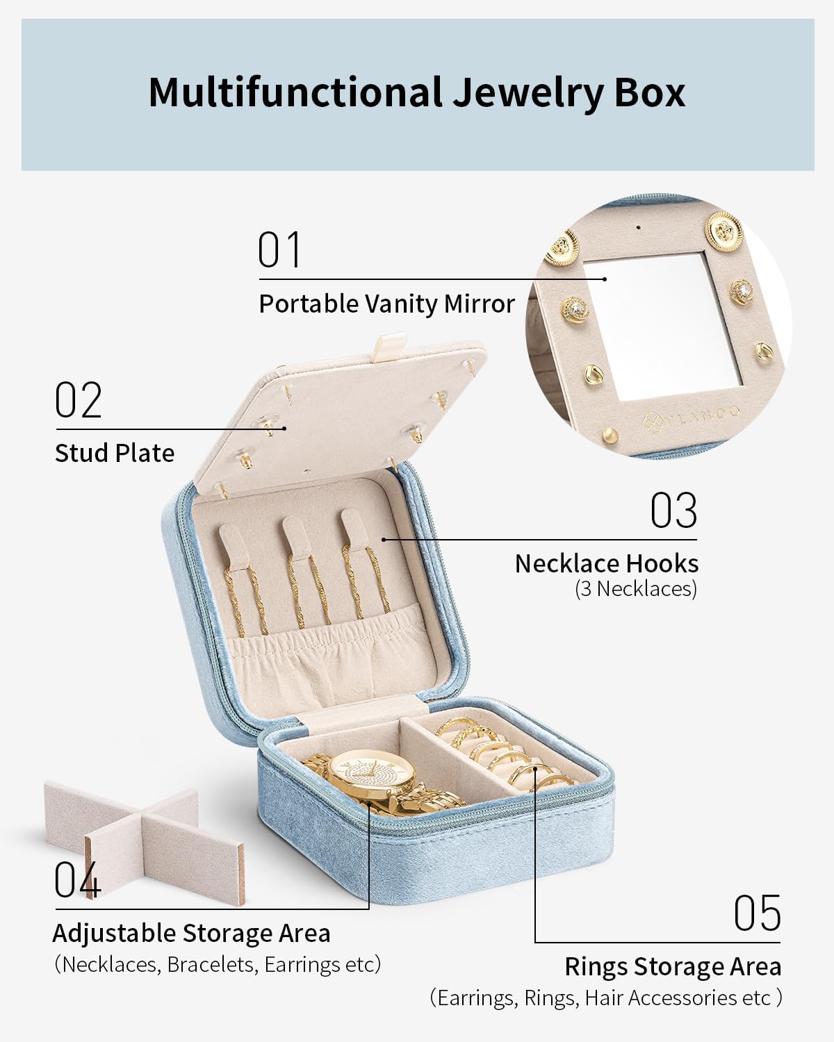 Vlando Jewelry Case for Girls Womens Fashion, Pink Jewelry Box Travel Must Haves, Jewelry Box for Girls, Small Travel Jewelry Case Birthday Gifts for Travel Gifts for Women - Letter H, Blue