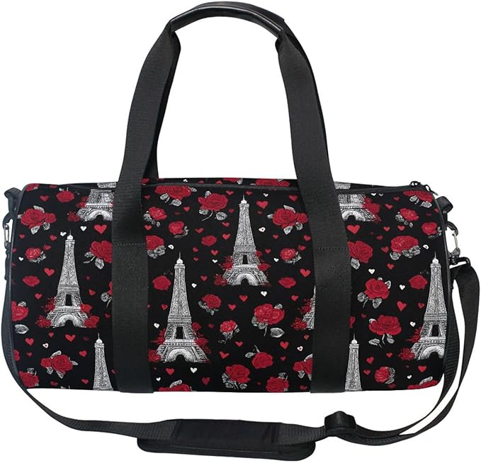 MNSRUU Sports Duffel Bags, Eiffel Tower Rose Athletic Gym Bag Overnight Workout Travel Tote Luggage for Men Women Yoga