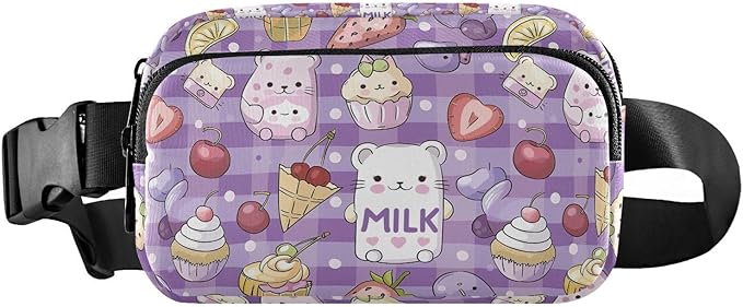 Kawaii Cat Bear Milk Cake Plaid Fanny Pack for Women Men Water Resistant Fashion Waist Packs with Adjustable Strap Belt Bag for Travel Workout Jogging Hiking 21219473