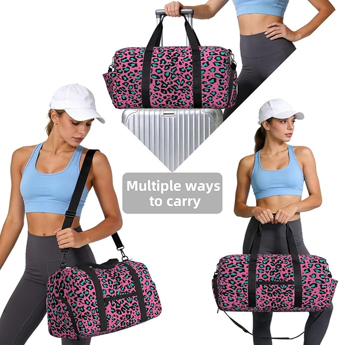 Rose Red Leopard Print Sports Gym Bag For Men Women Travel Duffel Bag With Shoe Compartment Water Resistant Gym Bag Carry On Duffel Bag For Yoga Gym Sports Weekend Traveling