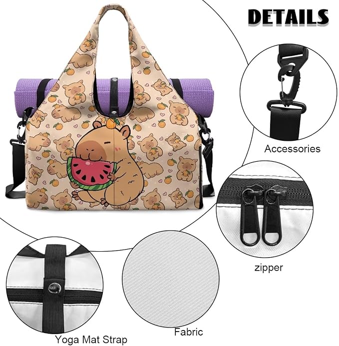 Capybara Watermelon Gym Duffel Bag for Women with Shoe Compartment and Yoga Mat Holder Cute Luggage Sports Travel Carry On Bag Overnight Duffel Bags Lightweight