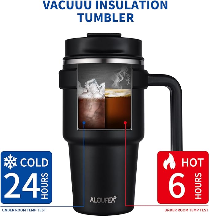 ALOUFEA 20 oz Insulated Coffee Mug Tumbler with Handle, Stainless Steel Travel Mug Tumbler with Lid and Straw,Double Wall Vacuum Leak Proof Ice Coffee Thermal Cup, Black/Rose Gold