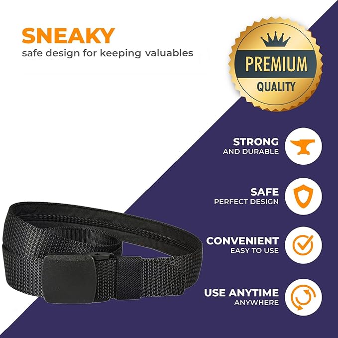 Security Money Belt with Hidden Money Pocket - Nylon Tactical Belt for Men & Women with Nonmetalic Buckle - Security Money Belt for Valuables, Cash, Passport - Cashsafe Anti-Theft Wallet Size Medium