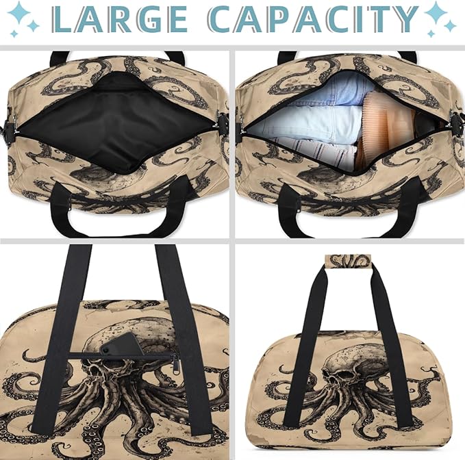 Travel Duffle Bag for travel duffle bag sports Girls Boys Kids Octopus Retro Skyll Lightweight Overnight Sleepover Weekender Bags Small Dance Gym Sport Bag Teens Carry-On Size Workout Bag