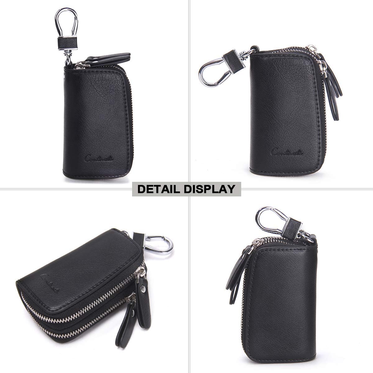 CONTACTS Car Key Case Small Leather Double Zipper Key Holder with 4 Keyrings Keys Organizer for Men Women