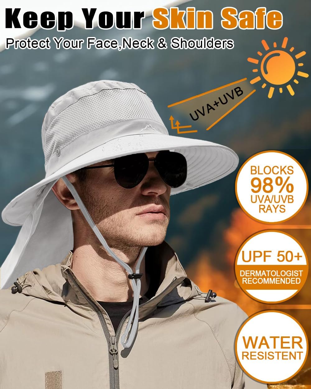 Outdoor Sun Hats with Stowable Neck Flap for Men Women UPF 50+ Mesh Summer Bucket Hat Wide Brim for Fishing Safari Hiking
