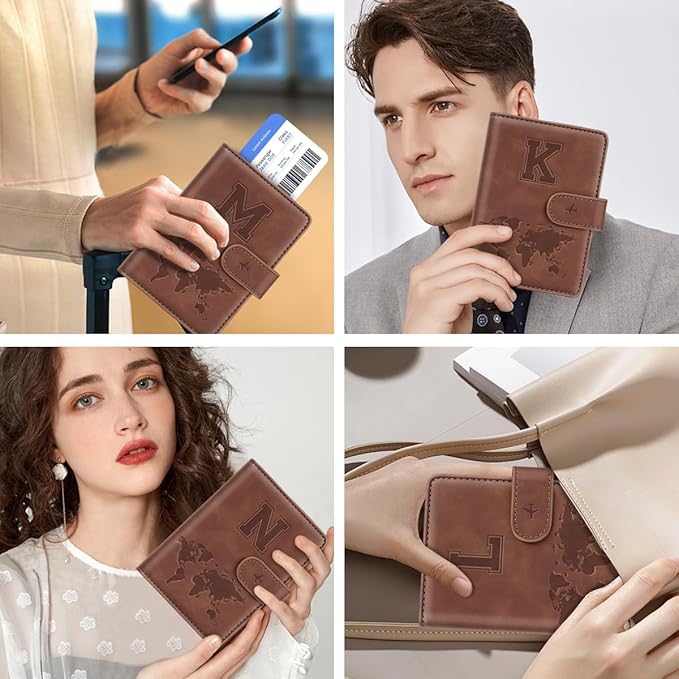 Passport Holder Wallet Cover Personalized Letter A-Z Travel Wallet RFID Blocking Passport Cover Wallet Case for Travel Passport Book Holders for Women and Men, Brown-M