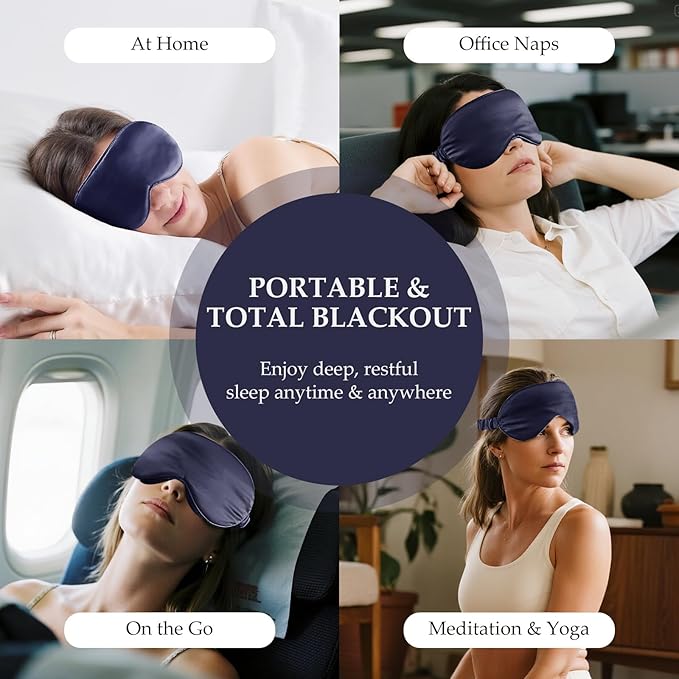 100% Mulberry Silk Sleep Mask for Unisex, 22 Momme 3D Silk Contoured Eye Mask, Breathable Light Blocking Blindfold with Adjustable Strap, Blackout Eye Cover for Travel, Blue