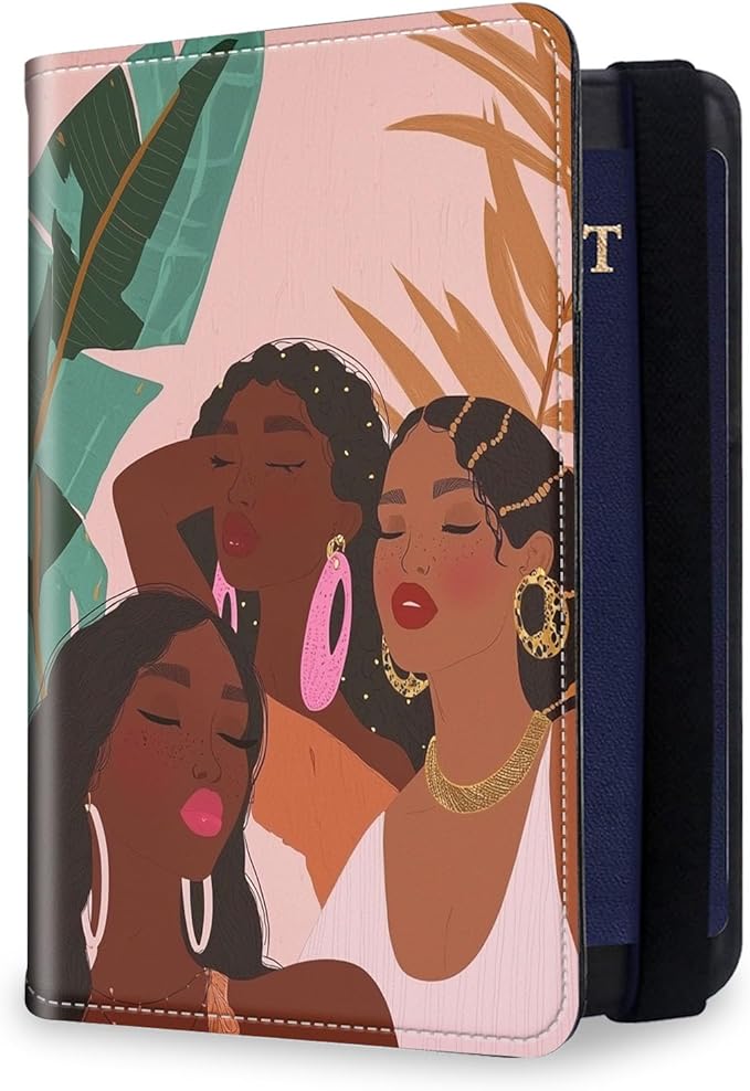 RFID Security Premium Passport and Travel Document Holder Combo, Slim PU Leather Folio Wallet with 3 Card Slots & Boarding Pass Pocket, Secure Elastic Closure Organizer, Three beautiful girls