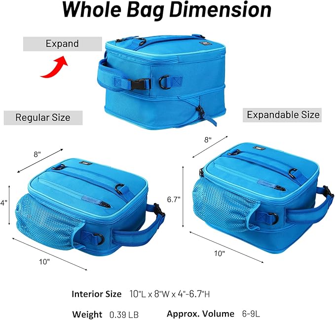 MIER Expandable Lunch Bag Insulated Lunch Box for Men to Work Travel Portable Lunchbox Bags with Shoulder Strap and Water Bottle Holder，Light Blue