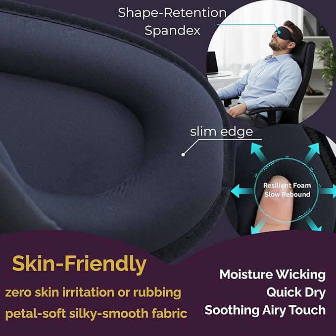 3D Sleep Mask for Back Sleepers - True Blackout Eye Masks for Sleep - Zero Eye Pressure Nose Seal Eye Cover for Meditation, Naps & Travel, Adjustable & Comfortable - Jet Black