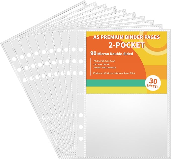 30pcs Pocket Sleeves for A5 6 Ring Binder, 2-Pocket Double-Sided Sheets Inserts Refill Pages for Kpop photocard, Savings Challenges, Sticker Collecting Album Binder (90 Micron Thickness per Layer)