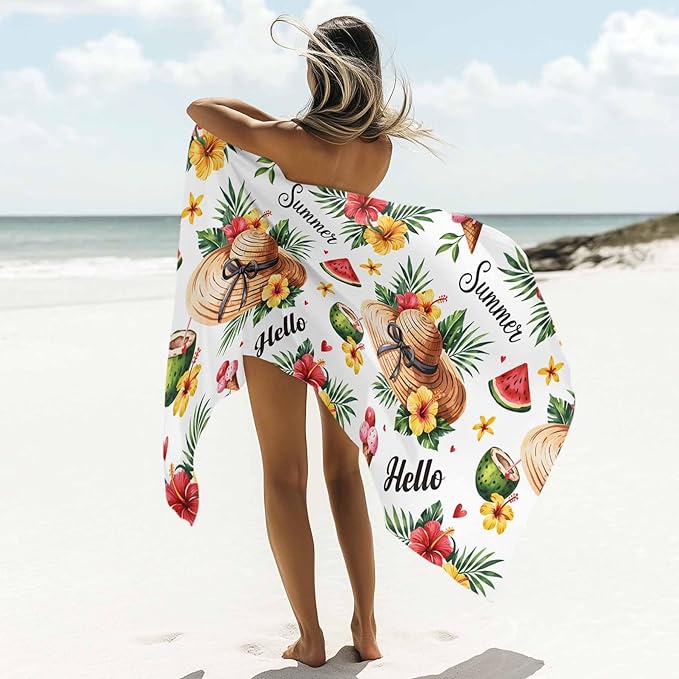 Summer Tropical Plants Beach Towel 30" x 60" Hibiscus Flowers Watermelon Pattern Quick Dry Sand Free Pool Towels Soft & Absorbent Compact Towels Beach Accessories for Travel Bathroom Swimming Pool