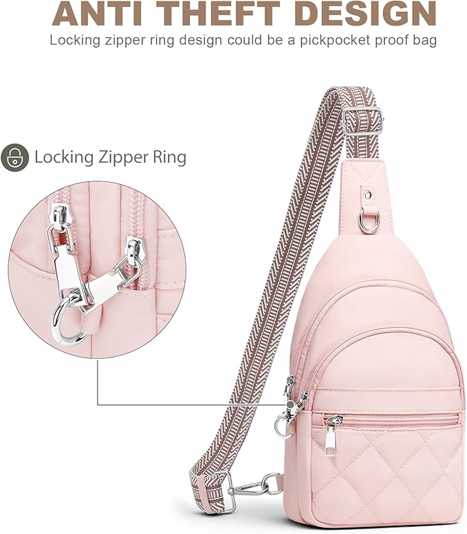 Sling Bag for Women, Anti-Theft RFID Crossbody Bag Nylon Sling Purse for Travel, Puffy Small backpack for Daily Hiking Sports Pink
