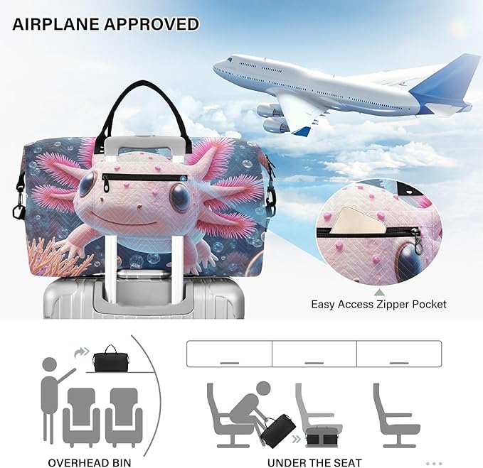 Travel Duffle Bag, Submarine Coral Axolotl Gym Bag with Storage Bag Weekender Overnight Bag for Men Women Trip Sports Yoga