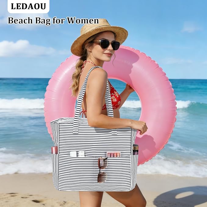 LEDAOU Large Beach Bag Women Waterproof Sandproof Zipper Beach Tote Pool Bag for Swim Gym Grocery Travel with Wet Pocket | Waterproof, Sandproof, Zipper, Pool, Gym, Grocery