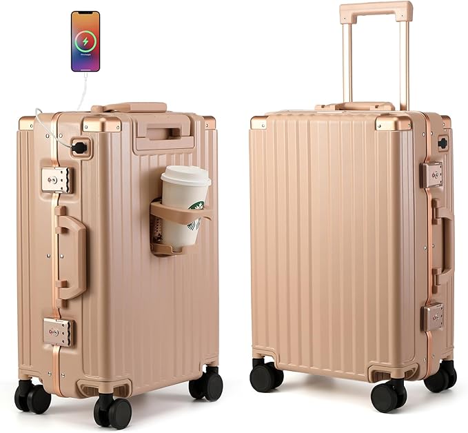 MYER Hard Shell Carry On Luggage 22x14x9 Airline Approved,20 Inch Aluminum Luggage with 100% 3-Layer PC,Carry On Suitcases with Wheels,Cup Holder and USB Port (Cornus Pink, 20 inch)