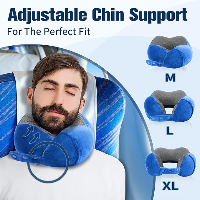 Neck Pillow for Traveling, Travel Pillows for Airplanes,100% Pure Memory Foam Travel Neck Pillow, Adjustable Flight Pillow, Portable Plane Accessories with Eye Mask, Earplugs, Carry Bag
