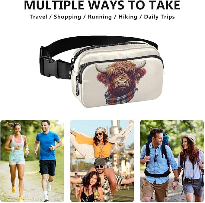 Scottish Highland Cow with Plaid Scarf Fanny Pack for Women Men Water Resistant Fashion Waist Packs with Adjustable Strap Belt Bag for Travel Workout Jogging Hiking 21218524