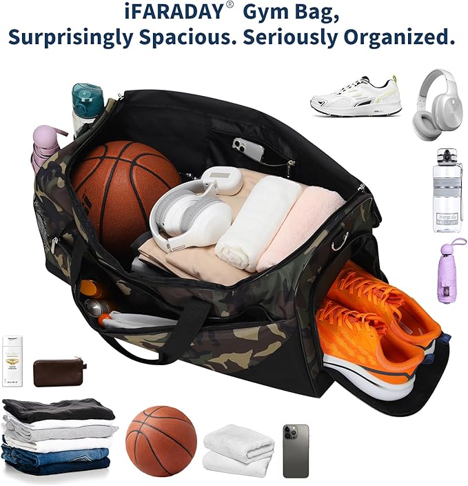 iFARADAY 52L Men's Gym Bag with Shoe Compartment - 24-inch Duffle Bag for Travel, Sports, Fitness & Workout (Camo)