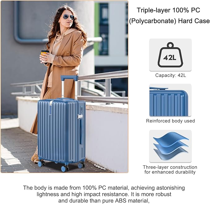 Carry On Luggage 22x14x9 Airline Approved, PC Lightweight luggage with Spinner Wheels, 20 Inch Hardside Carry-On luggage with TSA Lock Rolling suitcase for Women
