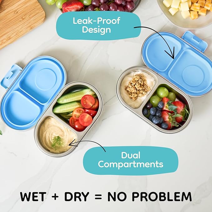 Good Bare Stainless Steel Snack Container for Kids – 2 Compartment Metal Bento Box, Leakproof, Non-Toxic, Easy-Open Latch, Dishwasher Safe, Small Snack Pack, Perfect for On-the-Go (Sky Blue)