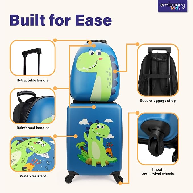 emissary Dinosaur Kids Suitcase for Boys, 18" Hardside Dinosaur Toddler Suitcase Set with Spinner Wheels and Backpack, Kids Carry on Luggage Set Rolling Travel Kid's Luggage Gifts Airline Approved