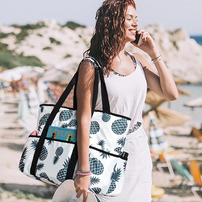 Becokan Beach Bags for Women Large Beach Tote Bag with Zipper Pockets Beach Bag Waterproof Sandproof Travel Nurse Tote Bag