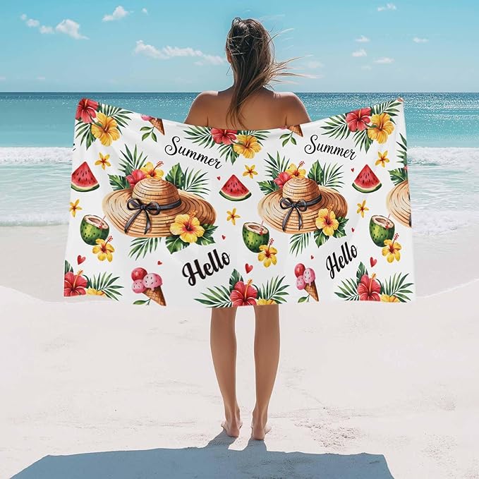 Summer Tropical Plants Beach Towel 35" x 71" Hibiscus Flowers Watermelon Pattern Quick Dry Sand Free Pool Towels Soft & Absorbent Compact Towels Beach Accessories for Travel Bathroom Swimming Pool
